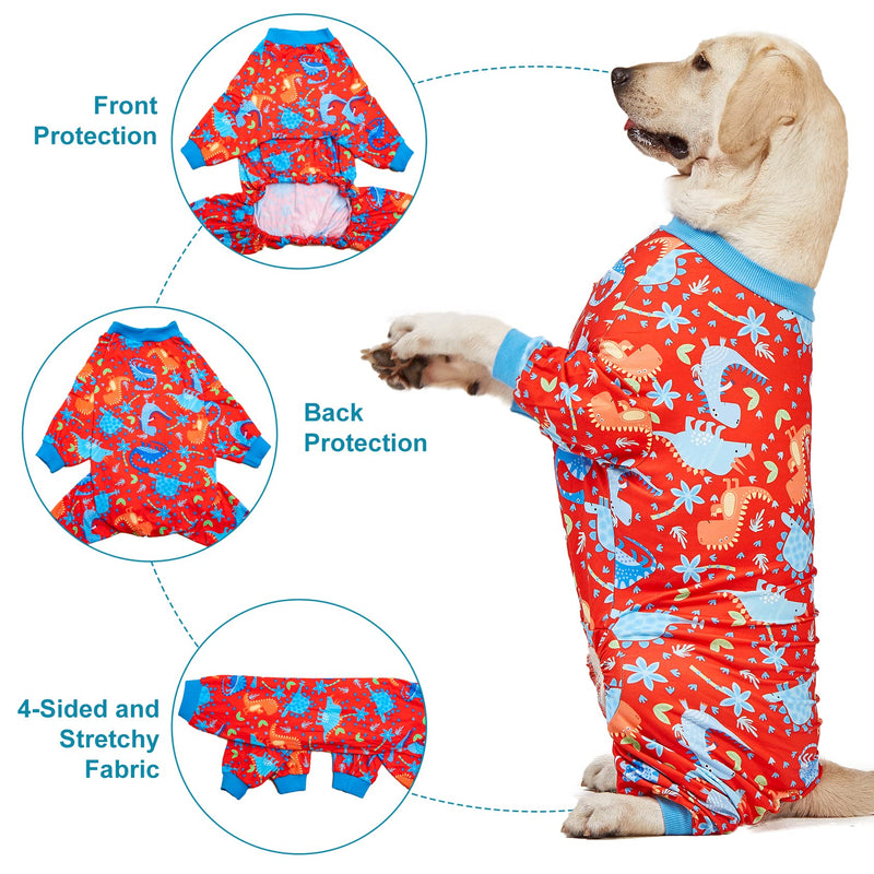 LovinPet Pitbull Dog Pajamas, Large Dog Onesies for Surgery/Wound Care, Lightweight Stretchy Knit Fabric, Dinosaur Jungle Red Print Dog Pj's UV Protection, Pet Anxiety Relief, Dog Costume/XL X-Large Red/Blue Update