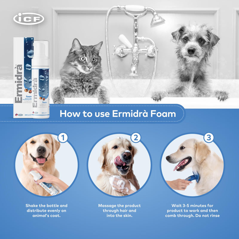 ICF | Ermidrà® Mousse Dog & Cat Dry Shampoo | Foam for Cleansing Soothing & Itch Relief | Relieves Dog & Cat Dry Skin, Rash, Scratching | 200 ml 200 ml (Pack of 1) - PawsPlanet Australia