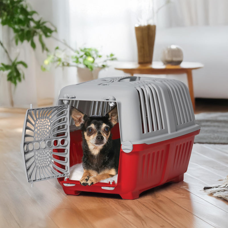 MidWest Homes for Pets Spree Travel Carrier – Hard-Sided Dog & Cat Carrier, Small Pet Travel Crate with Handle, Ventilated Design, Durable Plastic Door, Easy Assembly, 19-Inch, Red 19 Inch