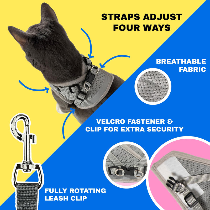 Travel Cat Harness and Leash Set - Adjustable Fit Mesh Cat Harness and Reflective Strap - Comfort Walking Vest for Kitten for Outdoor Walking, Hiking (Small, Grey) Small - PawsPlanet Australia