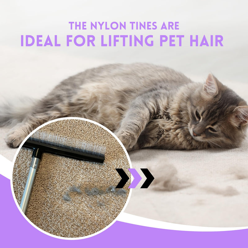 Room Groom PET Carpet Rake Groomer with Telescoping 54 " Adjustable Handle, with Lint Remover Brush Tool, Carpet Brush for Pet Hair and Refreshing Carpets, (Black/Purple) PET + Lint Tool - PawsPlanet Australia