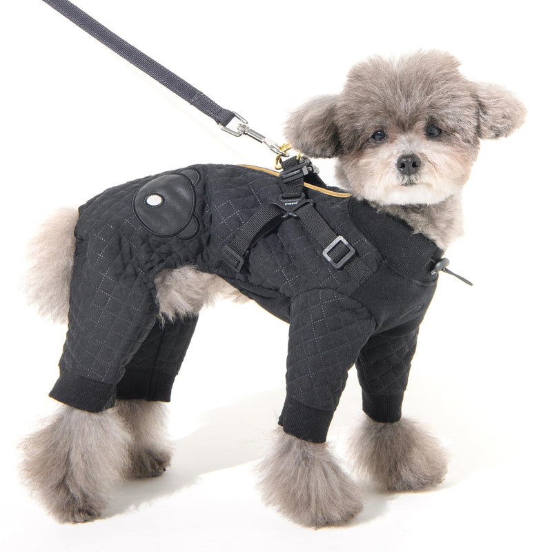 Puppia Quilo Warm Cute Winter Jumpsuit with Integrated Harness for Small and Medium Dogs, Black, Medium - PawsPlanet Australia