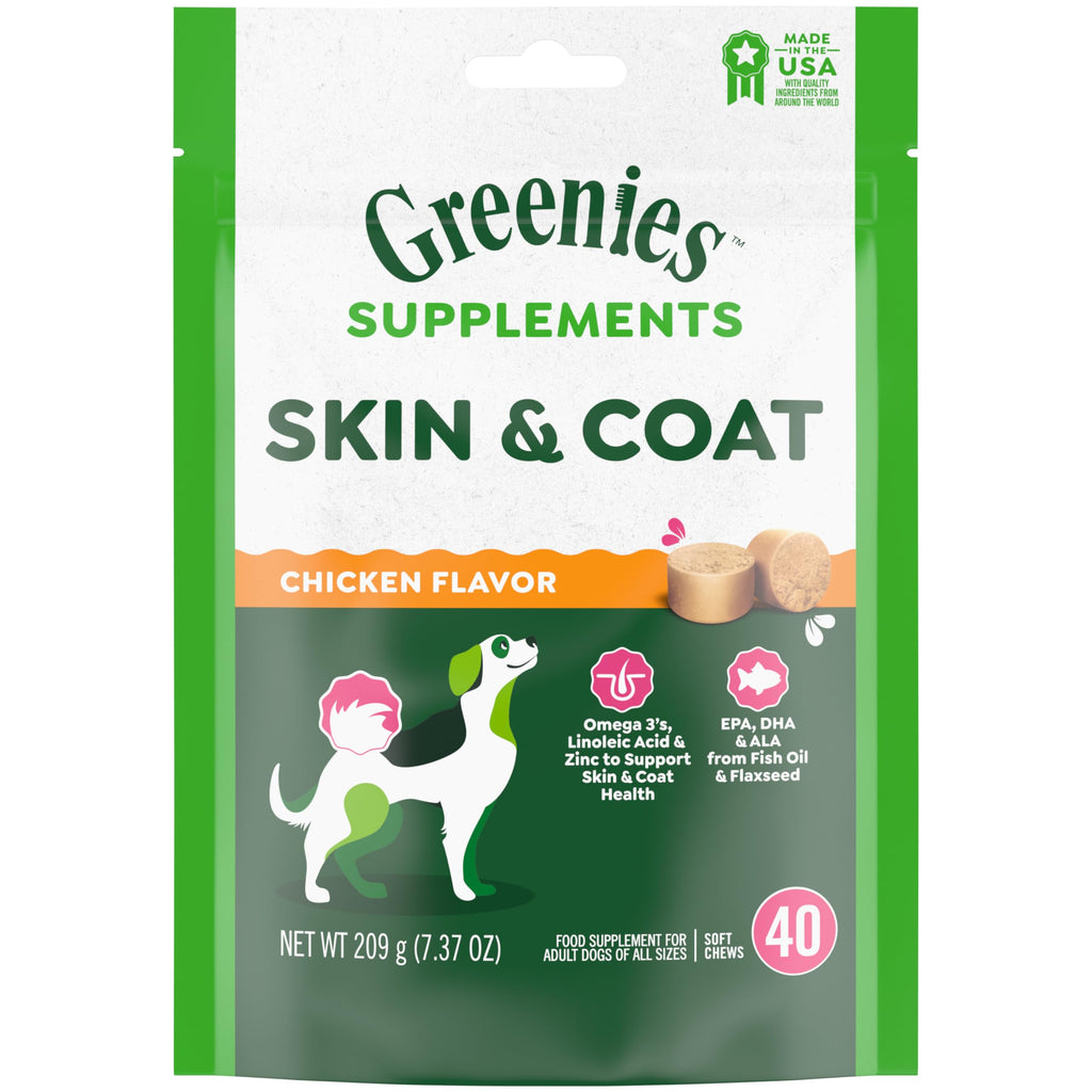 Greenies Supplements Dog Skin and Coat Supplements with Fish Oil & Omega 3 Fatty Acids, Chicken Flavor, 40 Count Soft Chews, 7.37 oz - PawsPlanet Australia