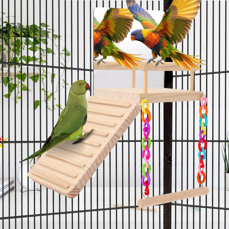 KyoukiBird Perch Platform Bird Toys with Bird Mirror Climbing Ladder Swing, Parakeet Cage Accessories - for Cockatiels, Lovebirds, Budgies,Pacific Parrotlets,Finch,Canaries - Wooden Play Gym - PawsPlanet Australia