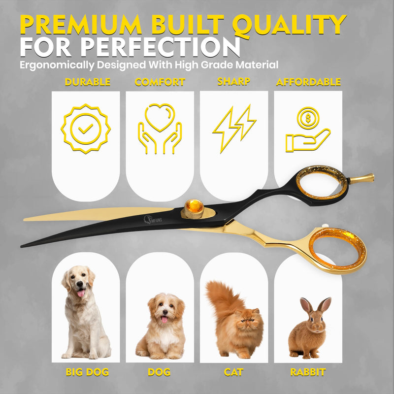 7.5 Inch Curved Grooming Scissors for Dogs and Cats – Professional Pet Grooming Shears for Face, Paws, Body and Tail – Sharp, Smooth, Ergonomic Curved Blades for Salon Groomers and Home Use Golden Black Curved Straight - PawsPlanet Australia