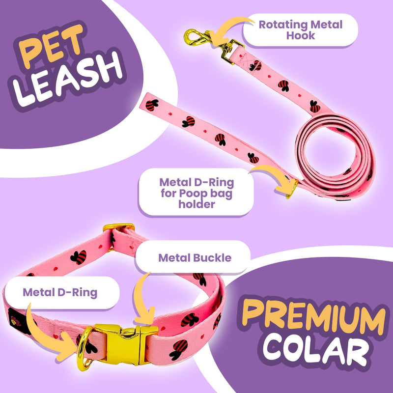 Medium Dog Harness and Leash Set – No Pull Harness, Leash, Collar & Poop Bag Holder – Matching Set with Gold Hardware – Breathable, Adjustable, Stylish, and Comfortable for Daily Walks - Pink Bees Medium - PawsPlanet Australia