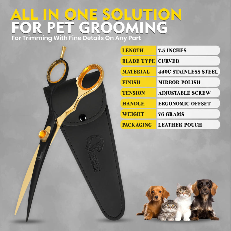 7.5 Inch Curved Grooming Scissors for Dogs and Cats – Professional Pet Grooming Shears for Face, Paws, Body and Tail – Sharp, Smooth, Ergonomic Curved Blades for Salon Groomers and Home Use Golden Black Curved Straight - PawsPlanet Australia