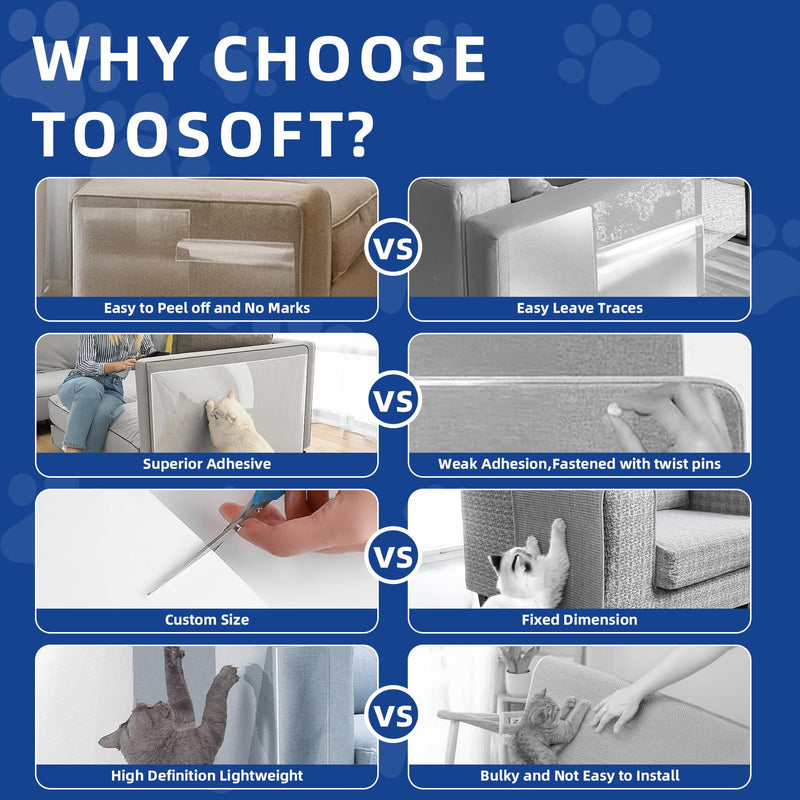 TOOSOFt Anti Cat Scratch Furniture Protector Clear Thicken Vinyl 196.9"x16.5" Couch Protector from Cat Claws - Single Sided Sticky Flexible Dog Tape for Furniture, for Couch Corner Door Walls Bed 196.9"x16.5" - PawsPlanet Australia