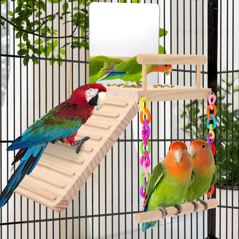 KyoukiBird Perch Platform Bird Toys with Bird Mirror Climbing Ladder Swing, Parakeet Cage Accessories - for Cockatiels, Lovebirds, Budgies,Pacific Parrotlets,Finch,Canaries - Wooden Play Gym - PawsPlanet Australia