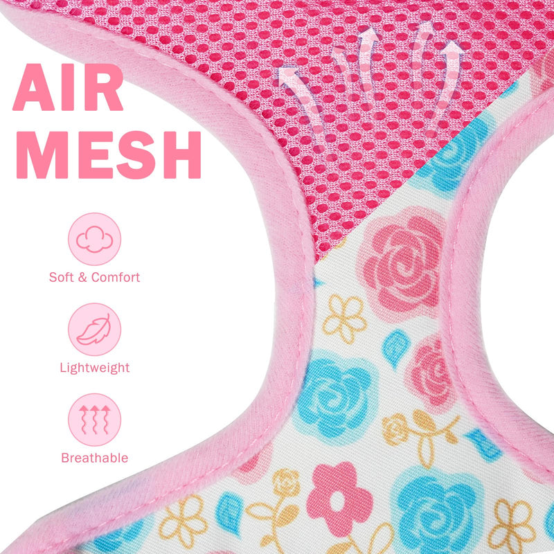 SCENEREAL Small Dog Harness Collar and Leash Set, Adjustable No Pull Pet Harnesses, No Chock Soft Mesh Step in Vest for Doggie Puppy Medium Dogs Cats Girl or Boy,Chihuahua, Yorkie, Outdoor Walking Pink-Floral (With Collar) S: Chest Girth: 14"-18" - PawsPlanet Australia