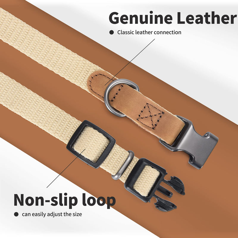 Mile High Life | Genuine Leather Dog Collar | Stainless Steel Pin Buckle Ring Dog Collar | Soft and Strong Poly Cotton Fabric | Variety Colors Small (Pack of 1) Cotton Fabric-Khaki - PawsPlanet Australia