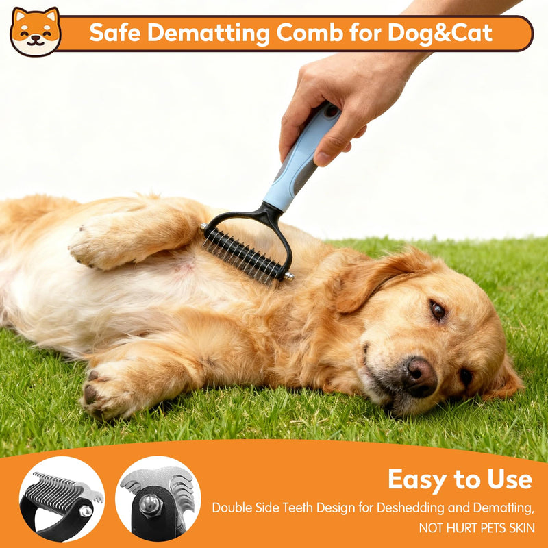 Dog & Cat Brush Kit 2PCS, Self Cleaning Slicker Brush for Pets, Dog Brush for Shedding Massaging and Grooming, Removes Loose Undercoat & Portable Comb for Long Short Haired Dogs(Blue) Blue Brush+Dematting Tool - PawsPlanet Australia