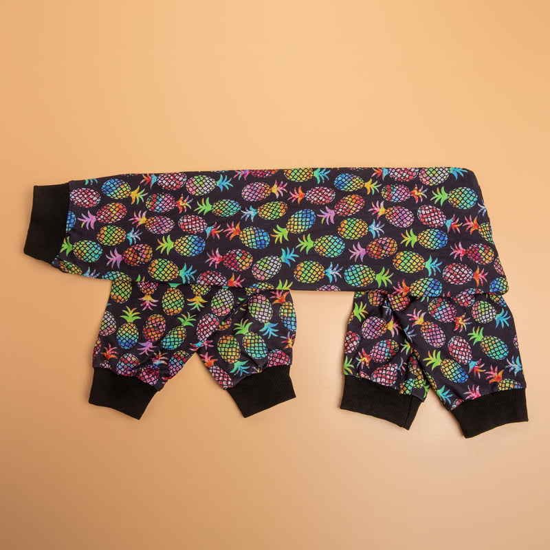 LovinPet Large Dog Clothes for Pitbulls Male, Dog Onesie with Uv Protection,Anxiety Calming Dog Shirt,Lightweight Fabric,Pinapple Paradise Black Print, Onesies for Dogs, Pajamas for Pitbulls, 2XL