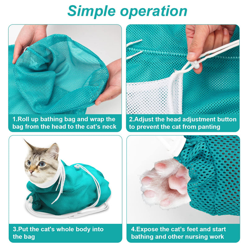 Cat Bathing Bag, Breathable Mesh Cat Shower Bag Anti Scratch Adjustable Cat Grooming Bag for Nail Trimming, Bathing Polyester Soft Cat Washing Bag (White-Green) White-Green