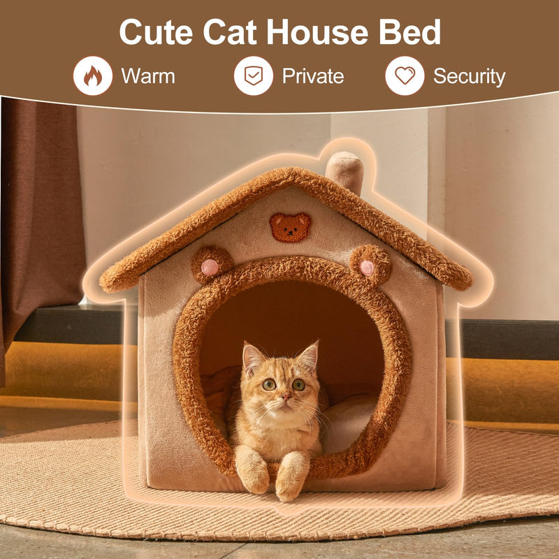 JIUPETY Cute Cat Beds for Indoor Cats, Foldable Cat House with Non-Slip Bottom, S Size Kitten Bed Up to 8 Lbs Kitty, Brown Small Brown Bear - PawsPlanet Australia