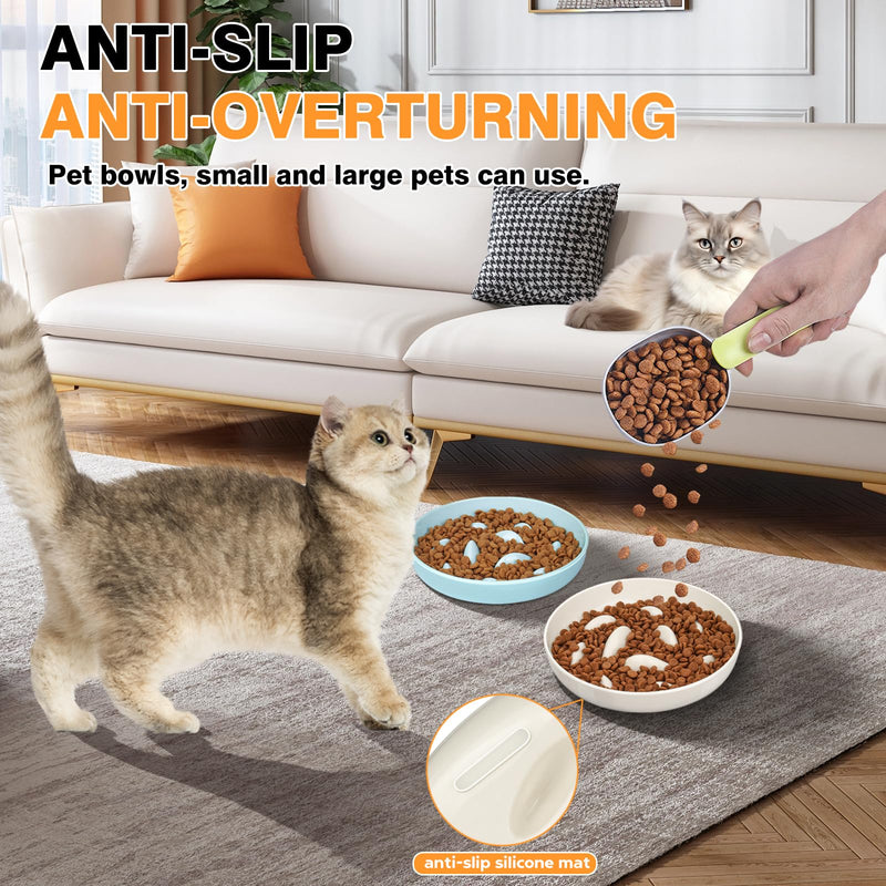 2PCS Cat Slow Feeder Bowl, Cat Food Bowl with Fish Pool Design, Healthy Eating Diet Pet Bowl, Interactive Puzzle Feeder Dish for Cats, Non-Slip Anti Gulping Cat Bowl for Dry and Wet Food White+Green - PawsPlanet Australia