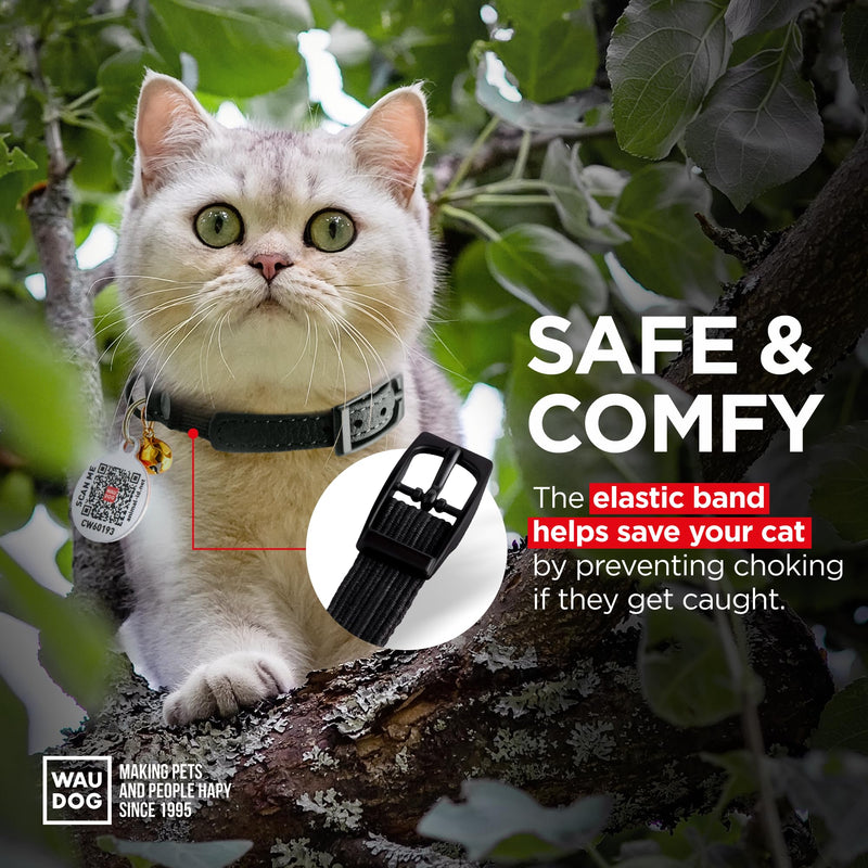 Leather Cat Collar with Bell and Safety Elastic Strap Breakaway Alternative for Small & Large Kittens, Stylish Pet Leather Collar for Boy, Girl Cats with Metal Buckle & QR ID Tag (Black) 8" - 12" Black - PawsPlanet Australia