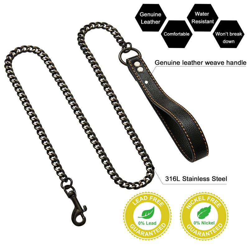 Black Chain Dog Leash - Heavy Duty Metal Chew Proof Leash with Leather Padded Handle for Large Medium Dogs (11MM, 4.5ft) Black - PawsPlanet Australia