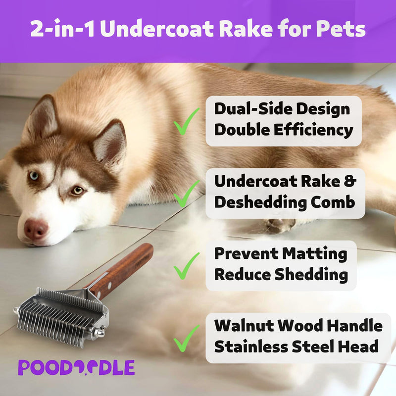2 in 1 Dogs Cats Dematting Grooming Comb, Perfect Deshedding Undercoat Rake for Poodle & Goldendoodle, Efficiently Detangling Shedding Loose Hair & Matted Fur, All Long Haired Pet (Dark) Dark Walnut