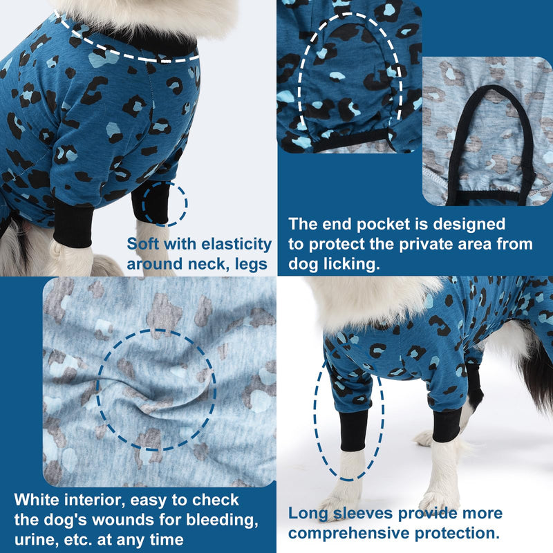 FEimaX Dog Surgery Recovery Suit, Long Sleeve Onesie Female Male Dog Surgical Suit Post Op Spay Bodysuit for Medium Large Dogs Cone E-Collar Alternative Pet Medical Shirt (XXL, Blue Leopard Print) XXL