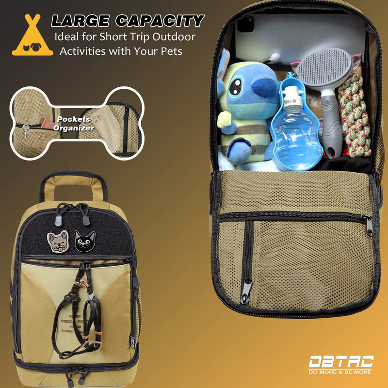 DBTAC DO MORE & BE MORE Tactical Pet Backpack for Small Dogs & Cats - Compact Travel Bag with Insulated Pocket, Detachable Food Container | Outdoor Hiking, Road Trip, Airplane Approved, Tan 10.5"L x 5.5"W x 15.5"H - PawsPlanet Australia