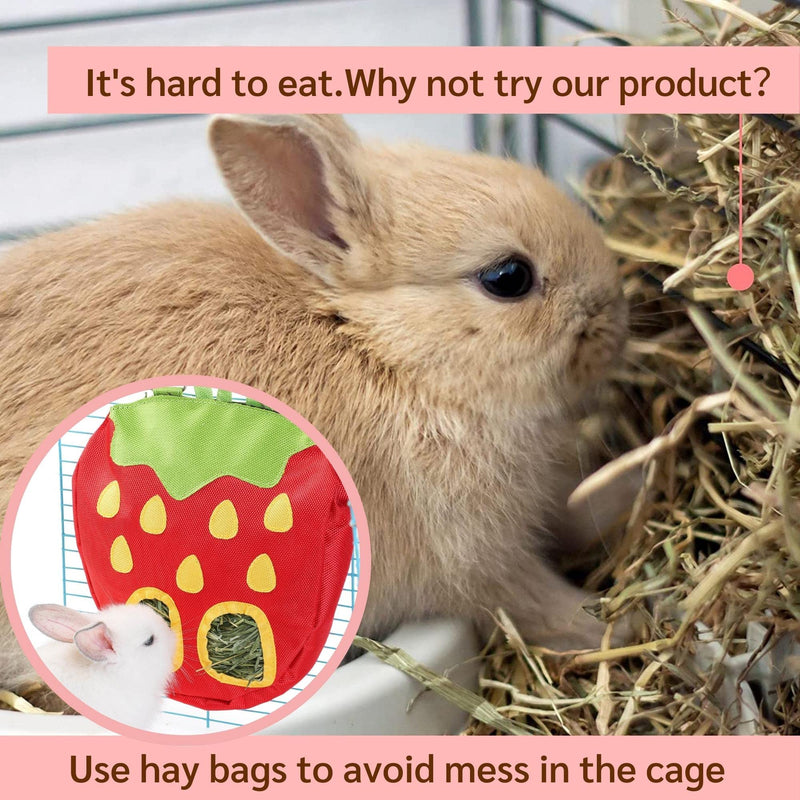 JanYoo Rabbit Hay Feeder Bag for Cage Guinea Pig Timothy Hay Dispenser Storage Manger Hanging Large Less Waste for Bunny A-Strawberry Pack of 1 - PawsPlanet Australia