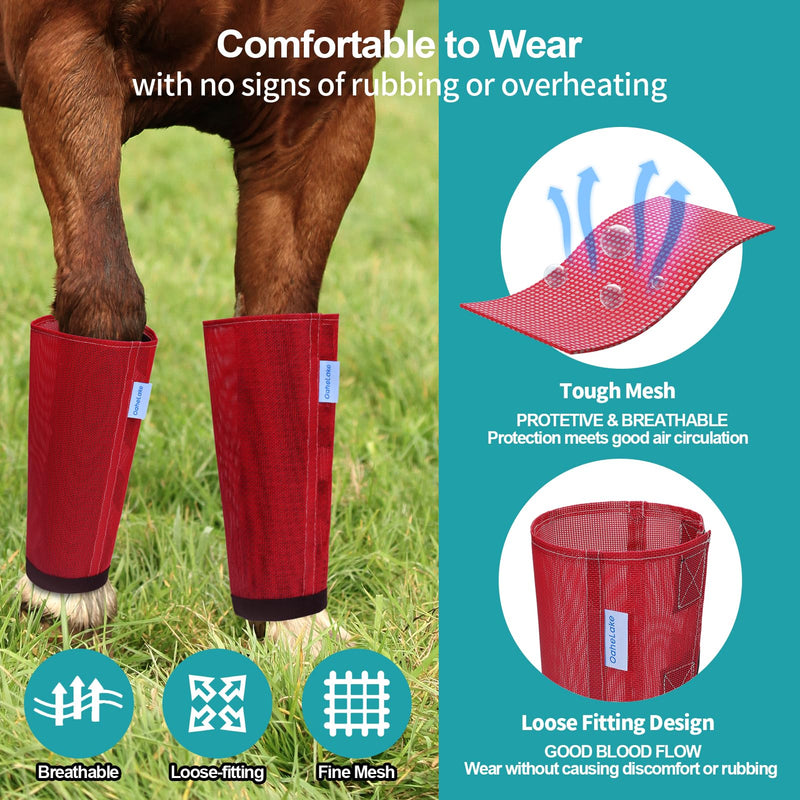 Mesh Horse Fly Boots Set of 4, Loose Fitting Leggings for Horses, Reduce Stressful Stomping, Breathable Adjustable and Universal Fit for 4 Legs, Reliable Stay Put (Red) Red