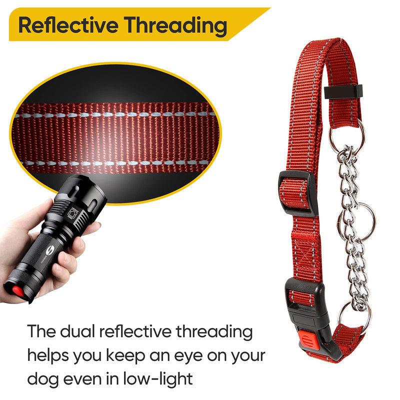 Timos Martingale Dog Collar for Small Medium Large Dogs with Safety Locking Buckle Reflective Adjustable Stainless Steel Chain Dog Collars Martingale Collars,M Length 14.17“-16.93'’ Red