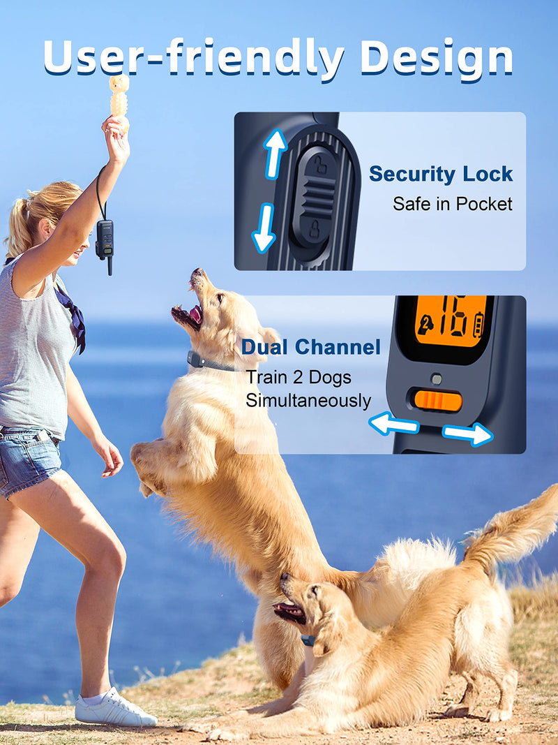 Bousnic Dog Training Collar with Remote - 4000ft Waterproof Dog Shock Collars 2 Dogs for Large Medium Small Dogs Rechargeable E Collars for Dogs Training with Beep Vibration Humane Shock(1-16) Mode Navy blue - PawsPlanet Australia