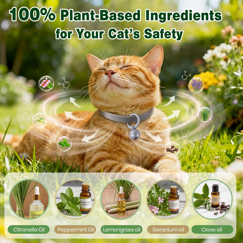 Plant Based Flea and Tick Collar for Cats and Kittens, Long Lasting Flea Prevention, Essential Oil Cat Collar, Adjustable Lightweight Design with Bell(2 Packs,Grey) 2 Grey