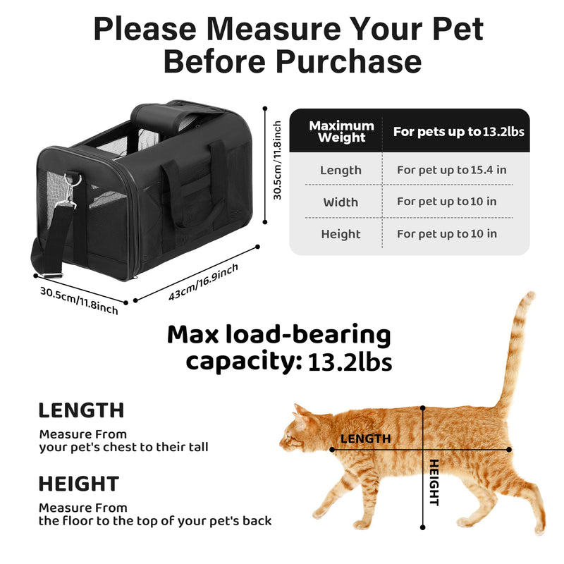 Pet Travel Carrier Soft Sided Portable Bag for Cats, Small Dogs, Kittens or Puppies, Collapsible, Durable, Airline Approved, Travel Friendly (Black Regular) - PawsPlanet Australia