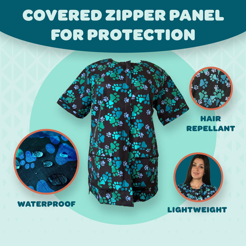 Ladybird Line 701 Blue Paw Print Waterproof Dog Grooming Smock with Pockets, Hair and Bleach Resistant, Covered Zipper Panel, Mesh Back, Adjustable Back Tie Belt, for Pet Grooming and Vet Clinics Small - PawsPlanet Australia