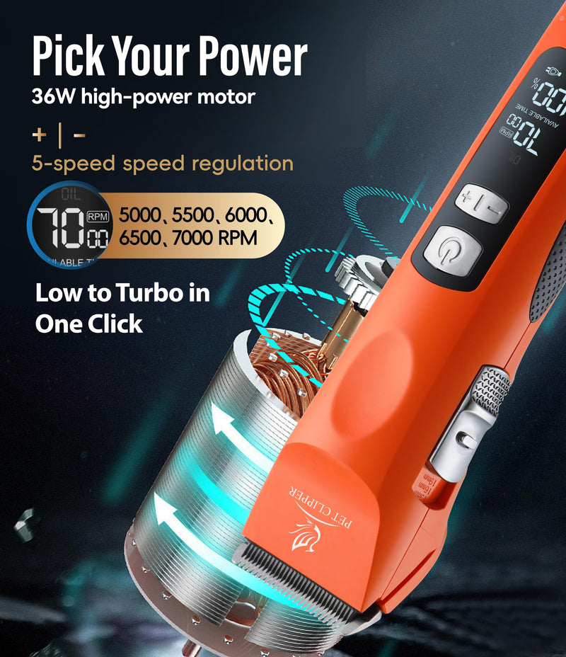 Professional Dog Grooming Clippers with 17H Runtime & Replaceable 440C Blade, 5-Speed Low Noise Electric Dog Shaver for Thick, Matted, Curly Hair, Cordless Clipper for Groomer & Home Use, Orange Clipper+10FC Blade - PawsPlanet Australia
