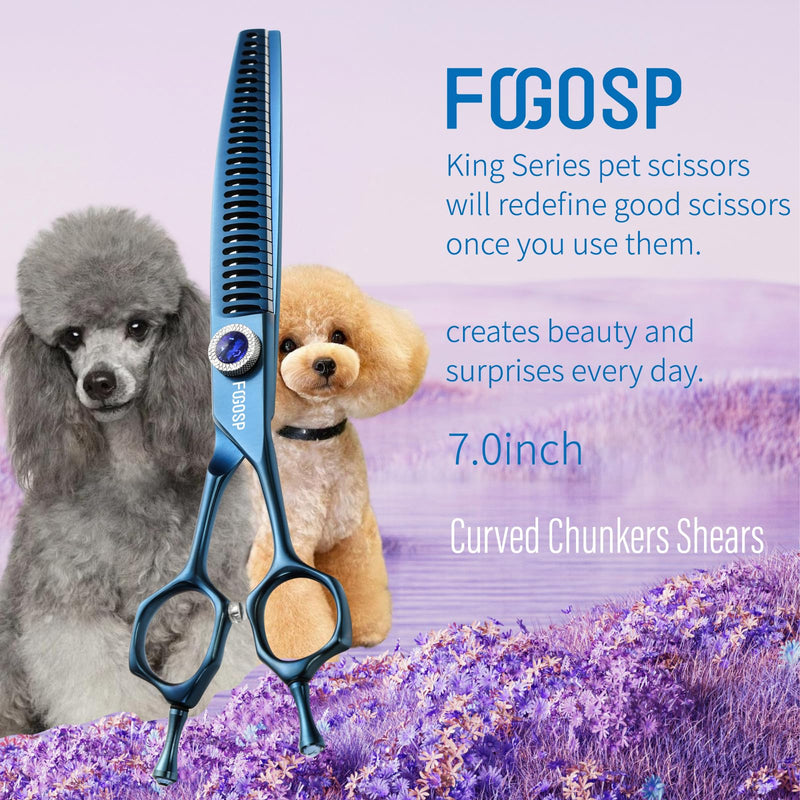 Professional Curved Chunkers Dog Grooming Scissors 7'' Curved Comb Thinning Shears for Dogs Pet 27 Teeth Japan VG10 Sharp and Smooth(7 Curve Chunker, Blue) 7.0 in Curved Chunkers Prussian Blue - PawsPlanet Australia