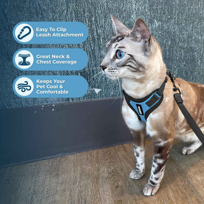 Voyager Step-in Lock Cat Harness and Reflective Cat Leash with Neoprene Handle by Best Pet Supplies - Supports Small, Medium and Large Breed Cats, Baby Blue/Black Trim, size S - 5ft Harness Leash Set (Baby Blue/Black Trim)