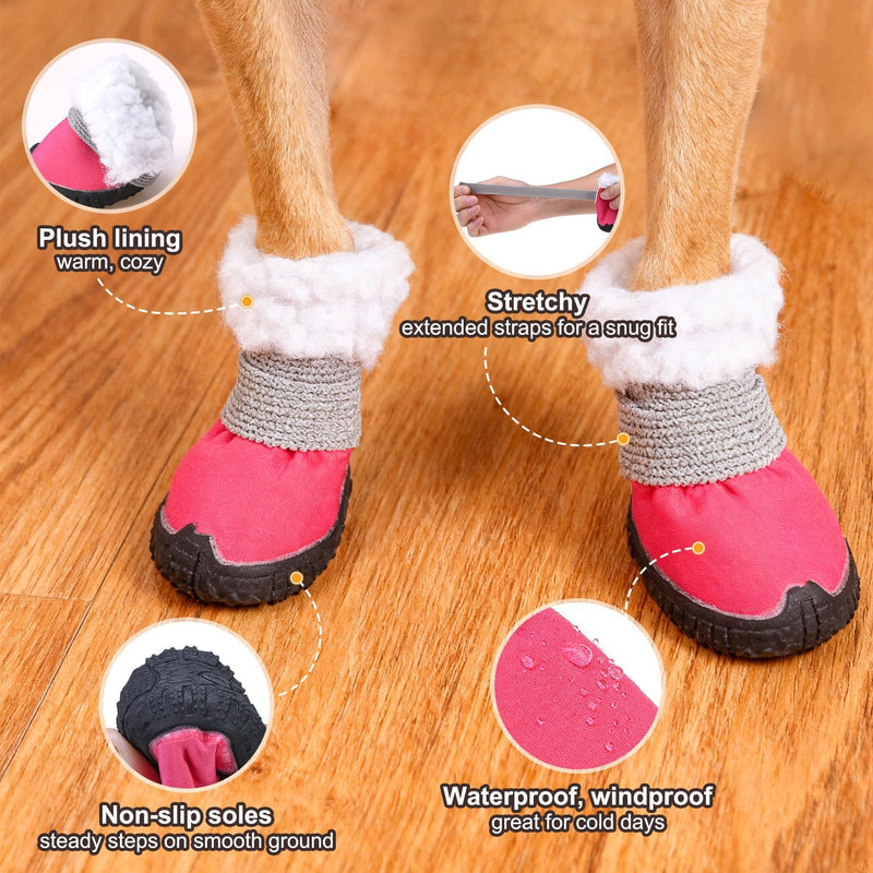 BEAUTYZOO Dog Winter Boots, Waterproof Dogs Snow Shoes with Anti-Slip Sole & Warm Fleece Lining-Indoor Outdoor Paw Protectors for Small Dogs, Puppy Booties to Prevent Licking on Hardwood Floors,Size 4 Pink #4