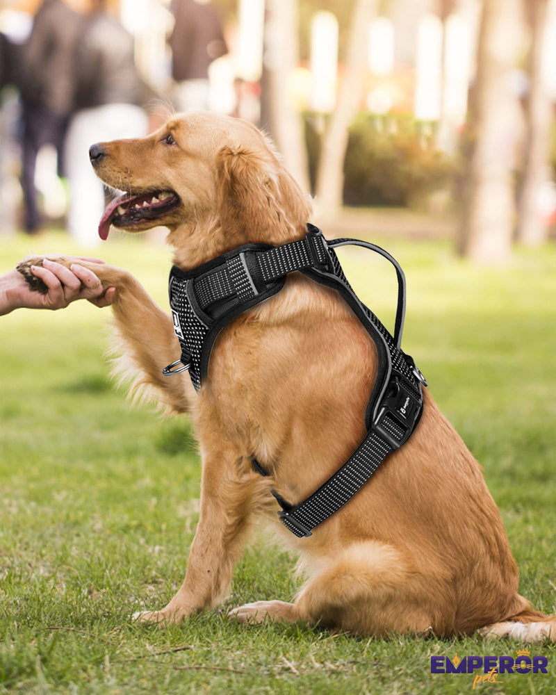 Emperor Pets Black Reflective Dog Harness for Large Dogs - No Pull Dog Harness with 2 Leash Clips, Premium Oxford Soft Padded Large Dog Harness, No Choke Design, Dog Harness for Large Dogs (L, Black) - PawsPlanet Australia