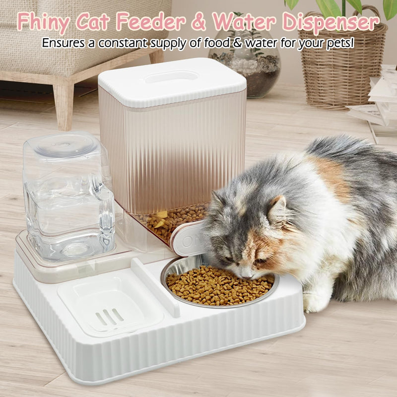 Fhiny Gravity Cat Feeder & Water Dispenser, 2 in 1 Automatic Puppy Waterer Removable Stainless Steel Food Bowls Set Self Feeding Pet Food Storage for Cat Kitten Puppy Easy Clean (White) Style E White-Metal Bowl - PawsPlanet Australia