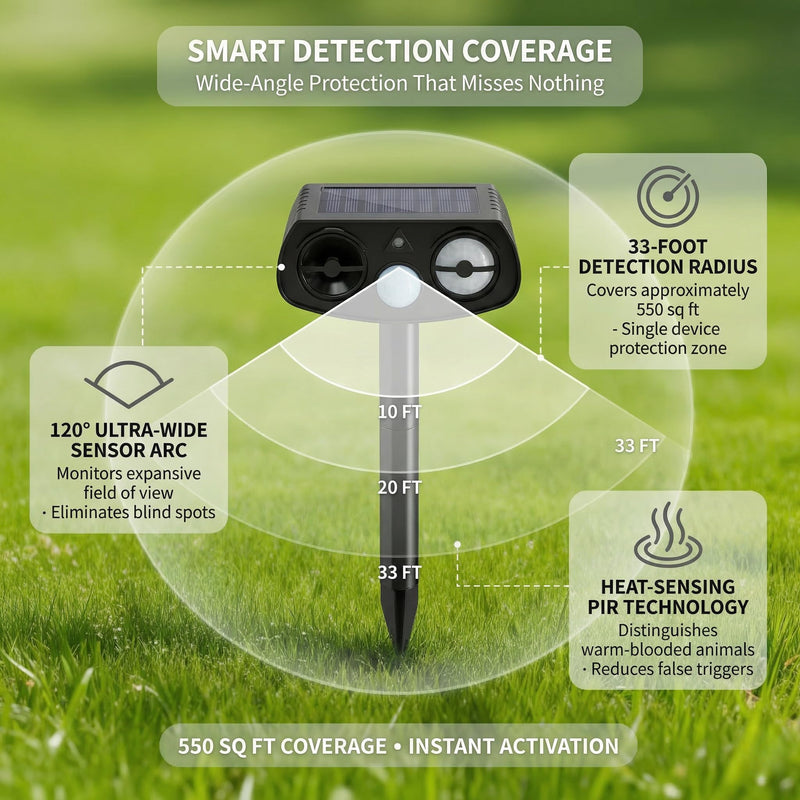 Solar Ultrasonic Animal Repeller Outdoor, Motion Sensor Waterproof Pest Deterrent, Raccoon Skunk Fox Squirrel Rabbit Dog Cat Deer Repellent for Yard Garden Farm, 33ft 120° Coverage, 2 Pack Black Matt Black - PawsPlanet Australia