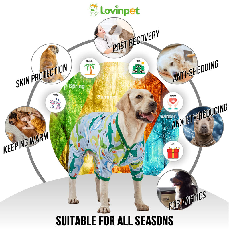 LovinPet Surgical Recovery Shirt for Large Dogs, Undershirt for Dog Coats, Lightweight Stretchy Knit Dog Onesie, Big Bites Turquoise Print Dog Jammies, UV Protection, Large Breed DogPj's, L Green/Blue Update - PawsPlanet Australia