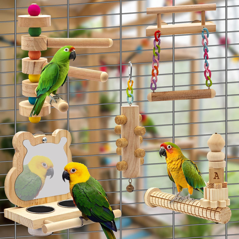 5PCS Bird Perch and Toy Set. Includes a Perch, Feeder, Swing, and Chew Toy. Hangable Natural Solid Wood Birdcage Accessories, Suitable for Small Budgies, Cockatiels, Conures, Lovebirds, Etc. - PawsPlanet Australia