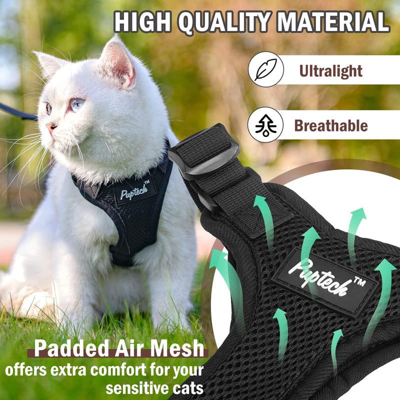 PUPTECK Cat Harness and Leash Set Escape Proof for Walking, Breathable Mash Vest Adjustable Harness for Cats Puppy Small Animals, Reflective at Night, Black Small S: Neck 9"-11.4", Chest 11"-16.1"