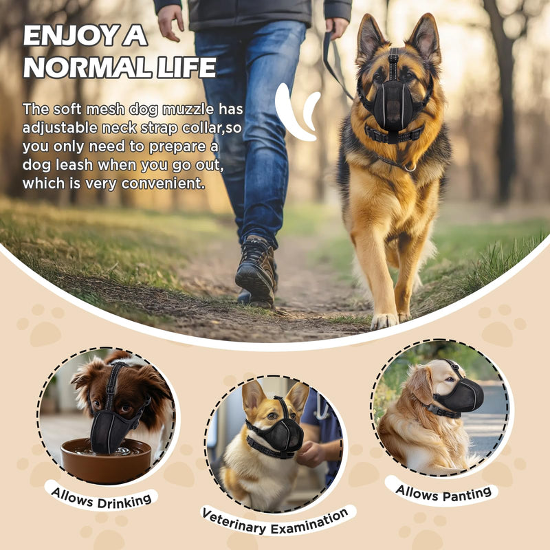 Dog Muzzle - Soft Breathable Mesh Nylon Adjustable Muzzle for Small Medium Large Dogs | Prevents Chewing,Biting & Scavenging | Allows Panting, Drinking & Grooming | Secure Collar Strap Design(Black M) Black Nylon - PawsPlanet Australia