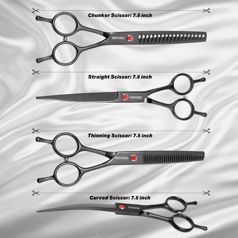 TOPGOOSE Dog Grooming Scissors Kit, Professional 6 in 1 Pet Scissors Sharp Shears Set - Straight, Thinning, Chunker, Curved Shears and Comb for Long Short Hair for Dog Cat (Set, Black) - PawsPlanet Australia