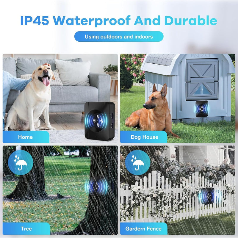 Dog Bark Deterrent Devices, Automatic Anti Barking Device with 4 Ultrasonic Transmitters, Audio & Ultrasonic Bark Box with 33FT Range, Rechargeable & Waterproof Outdoor Stop Barking Dog Devices
