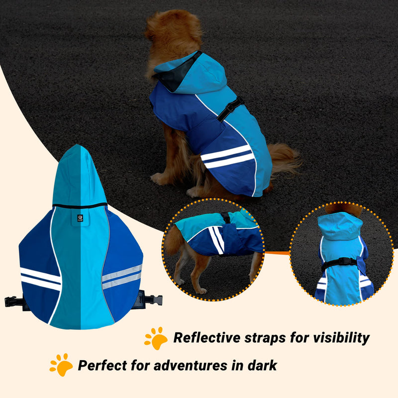 Waterproof Dog Raincoats with Hood for Medium Large Dogs, Poncho with Reflective Strap, Lightweight Jacket with Leash Hole. Blue - PawsPlanet Australia