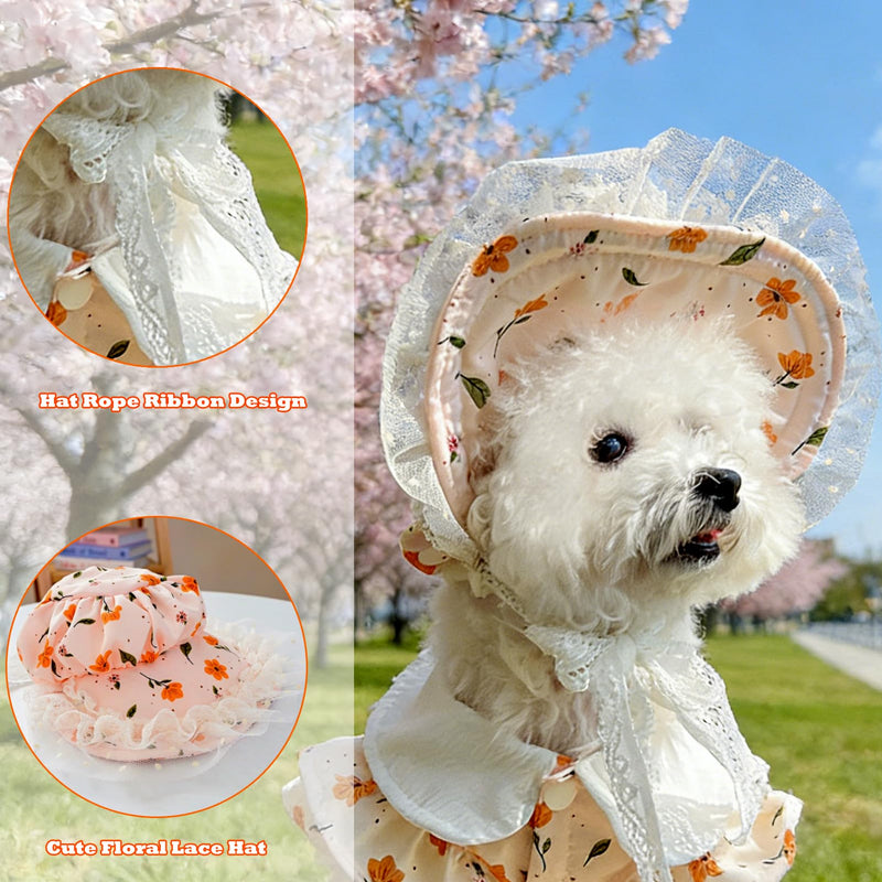 2 Pcs Pet Floral Dress and Lace Sunhat, Summer Skirt with Laces for Dog, Cute Bowknot Dresses for Cat, for Birthday Party and Outdoor Travel (Orange, Medium) Orange Small
