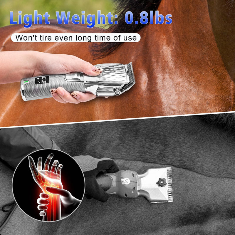 Rechargeable Horses Clippers, Cordless Pet Hair Trimmer Shaver with 6 Guide Guards, 2500mAh Large Battery Capacity Electric Grooming Kit for Livestock Animal Thick Coat, Light Weight 0.8lbs Silver - PawsPlanet Australia