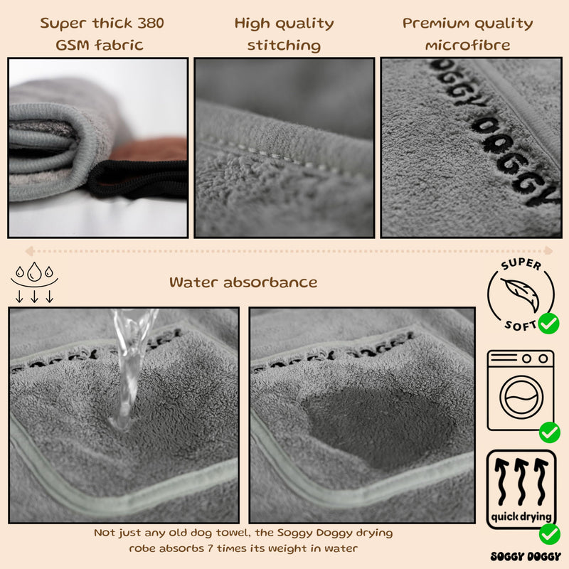 SOGGYDOGGY® US: Luxury Dog Bathrobe, Super Absorbent Microfiber Dog Bath Supplies, Fast Dry in Minutes, Thick & Soft Robe - Pet Grooming, Wash & Pet Hair Dryer - All-Season Dressing Gown (M) Gray M (17-24in) - PawsPlanet Australia