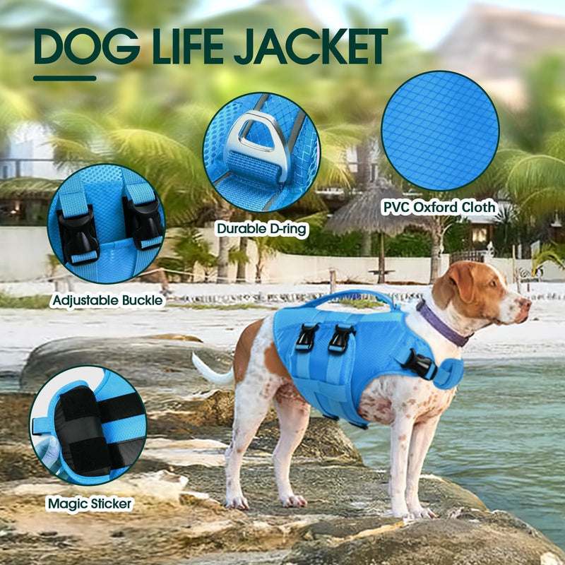 Kuoser Dog Life Jacket, High Flotation Dog Life Vest for Swimming Boating, Reflective Dog Swimming Vest Pet Life Preserver with Rescue Handle XX-Large (Chest Girth:30.7-38.5'') Blue - PawsPlanet Australia